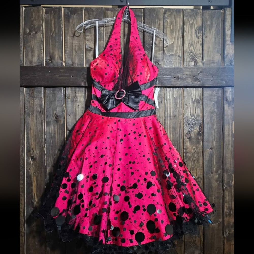 Elegant Pink Polka Dot Halter Mini Dress